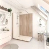 Cabine de douche à l’italienne l.90 x L.140 x H.218 cm – effet bois, receveur de plain-pied, Elmer Serenity