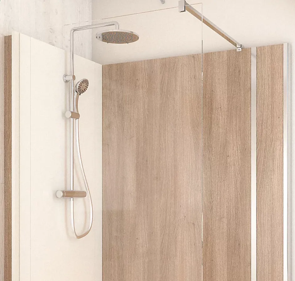 Cabine de douche à l’italienne l.90 x L.140 x H.218 cm – effet bois, receveur de plain-pied, Elmer Serenity