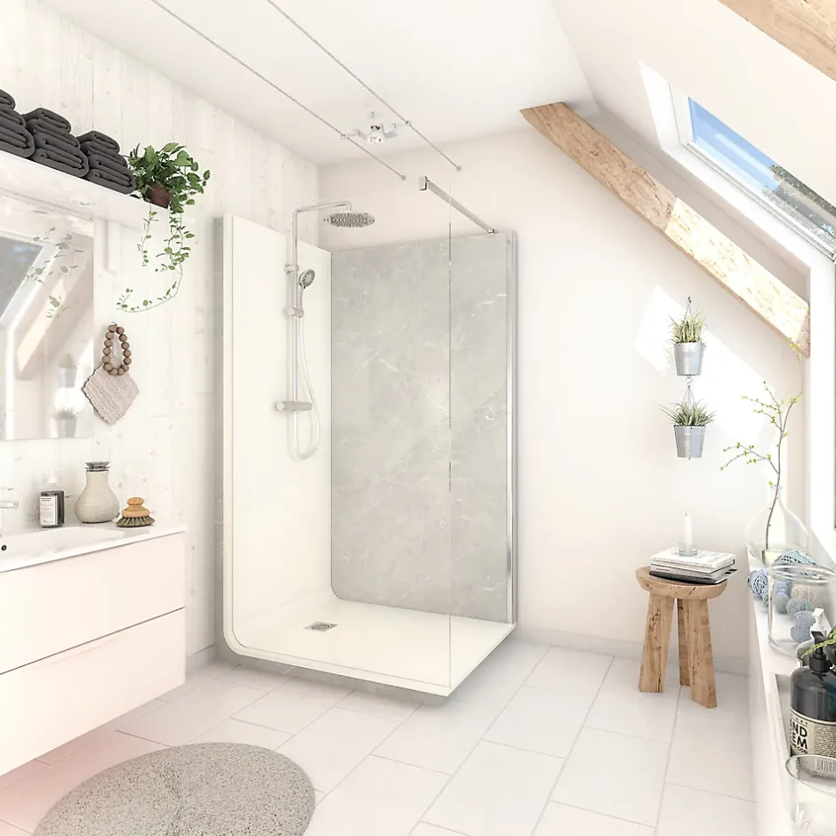 Cabine de douche à l’italienne l.80 x L.120 x H.218 cm – effet marbre gris, receveur de plain-pied, Elmer Serenity* Cabine De Douche Pmr