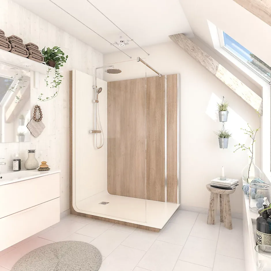 Cabine de douche à l’italienne l.80 x L.140 x H.218 cm – effet bois, receveur de plain-pied, Elmer Serenity* Cabine De Douche Pmr