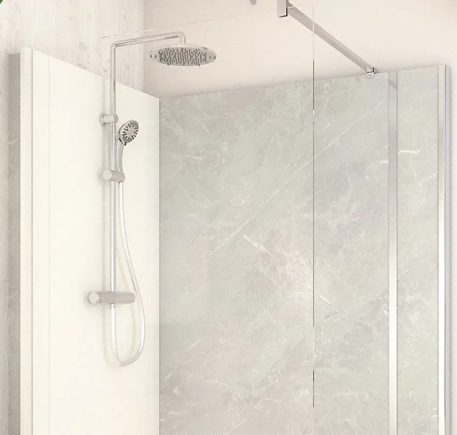 Cabine de douche à l’italienne l.80 x L.140 x H.218 cm – effet marbre gris, receveur de plain-pied, Elmer Serenity* Cabine De Douche Pmr