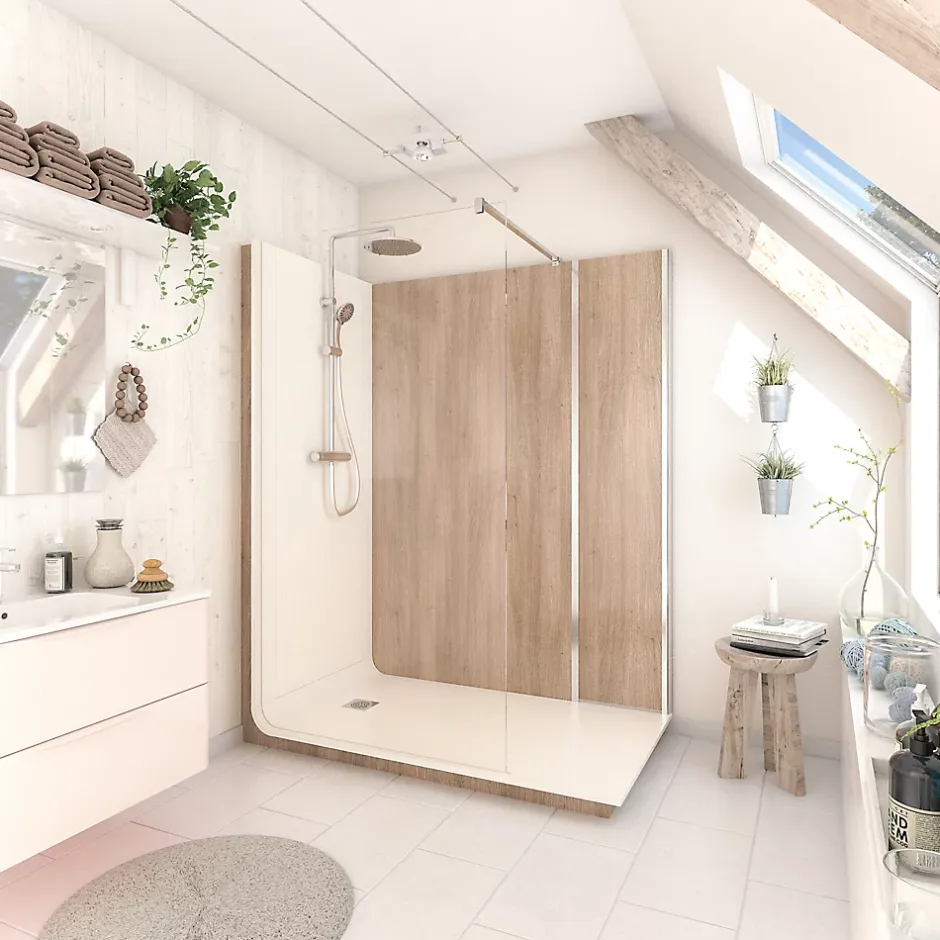 Cabine de douche à l’italienne l.80 x L.160 x H.218 cm – effet bois, receveur de plain-pied, Elmer Serenity* Cabine De Douche Pmr