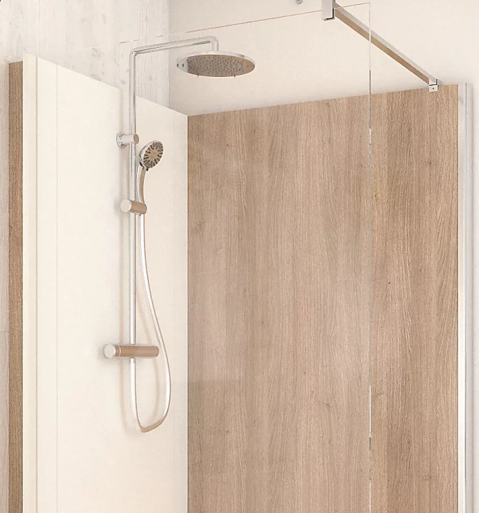 Cabine de douche à l’italienne l.80 x L.120 x H.218 cm – effet bois, receveur de plain-pied, Elmer Serenity