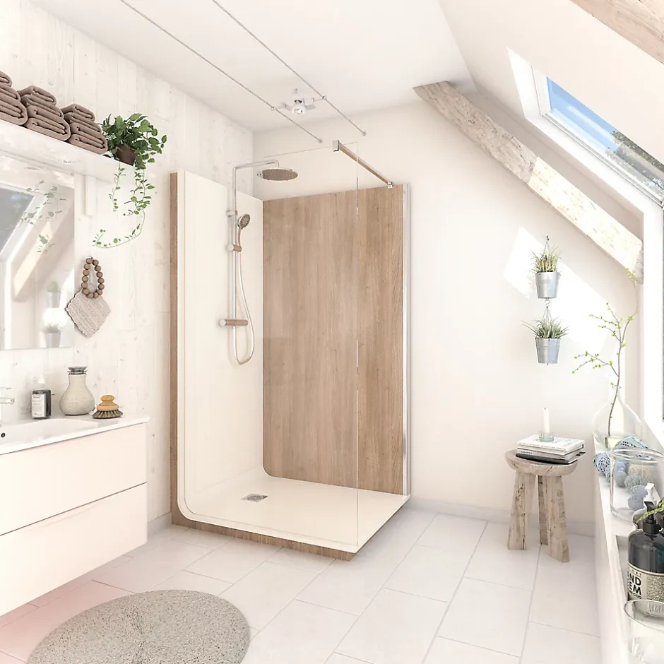 Cabine de douche à l’italienne l.90 x L.120 x H.218 cm – effet bois, receveur de plain-pied, Elmer Serenity* Cabine De Douche Pmr