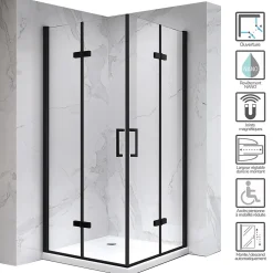 Saniverre Cabine de douche ATÉA-BLACK H.180 cm, 80 x 90 cm, 2 portes pliantes et pivotantes, verre transparent 6 mm + receveur -