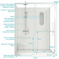 Aurlane Cabine de douche blanche sécurisée et accessible à tous 160x85x220cm - Mitigeur Thermostatique* Cabine De Douche