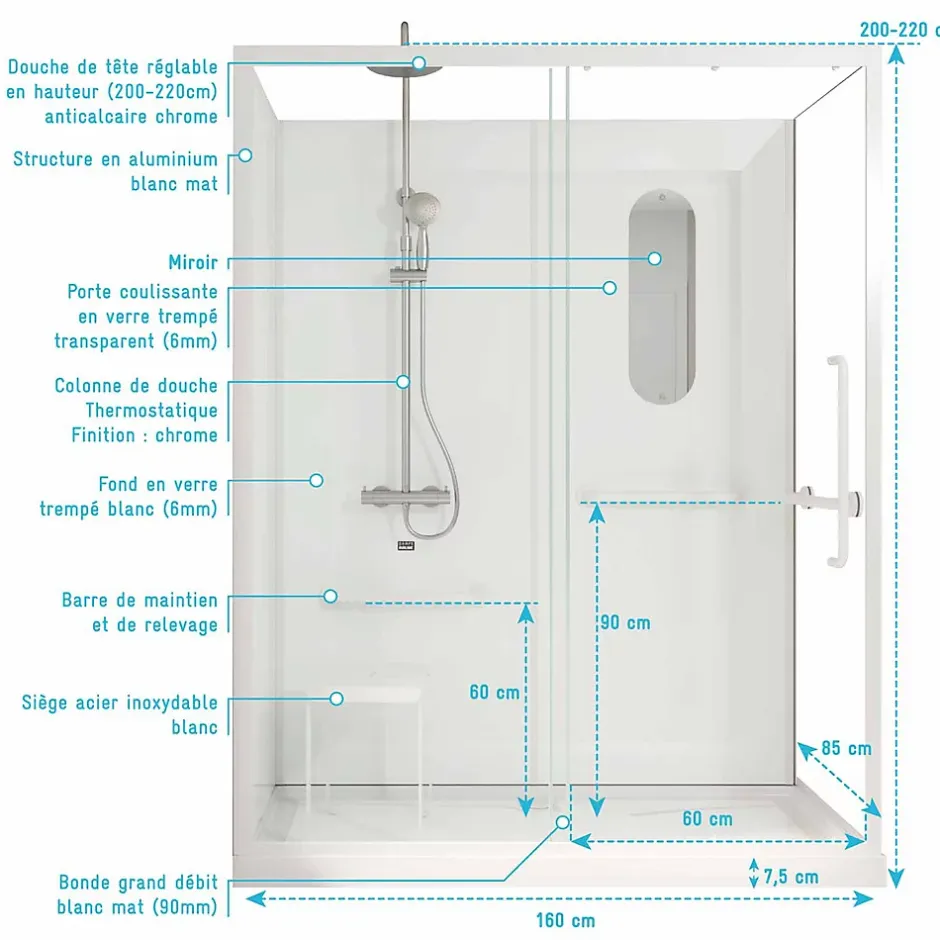 Aurlane Cabine de douche blanche sécurisée et accessible à tous 160x85x220cm - Mitigeur Thermostatique* Cabine De Douche