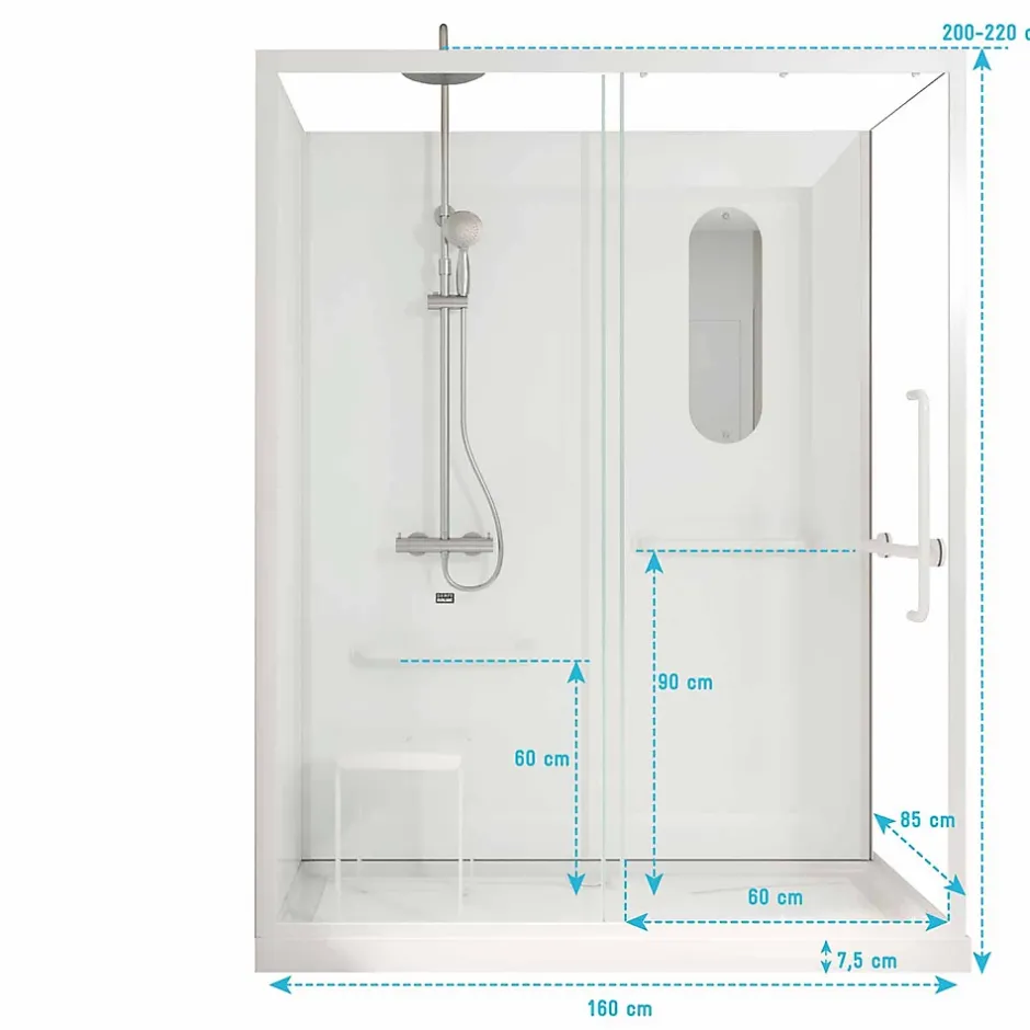 Aurlane Cabine de douche blanche sécurisée et accessible à tous 160x85x220cm - Mitigeur Thermostatique* Cabine De Douche
