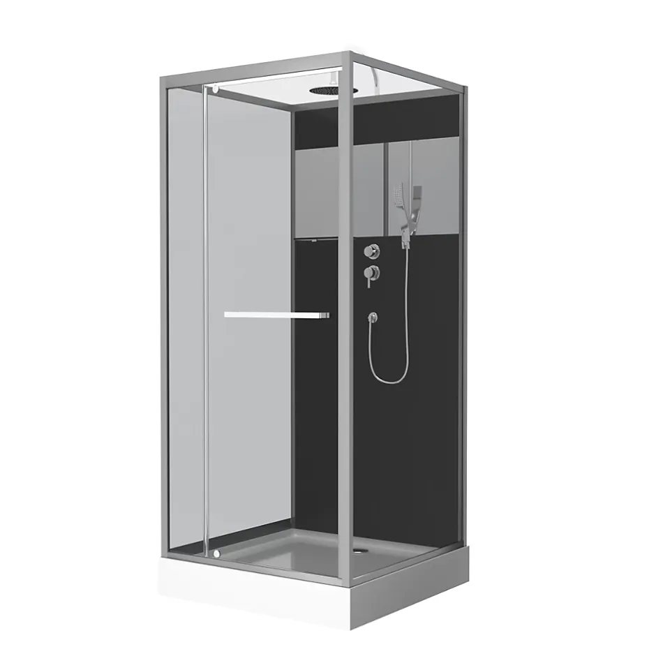 Aurlane Cabine de Douche Carrée 90x90cm Porte Pivotante - Fond Noir avec bande effet miroir - SQUARE STRIPE* Cabine De Douche