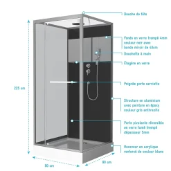Aurlane Cabine de Douche Carrée 90x90cm Porte Pivotante - Fond Noir avec bande effet miroir - SQUARE STRIPE* Cabine De Douche