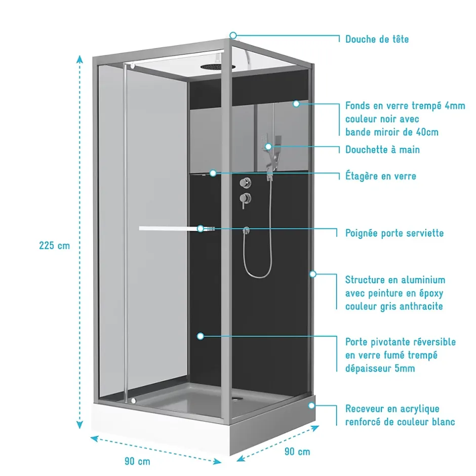 Aurlane Cabine de Douche Carrée 90x90cm Porte Pivotante - Fond Noir avec bande effet miroir - SQUARE STRIPE* Cabine De Douche