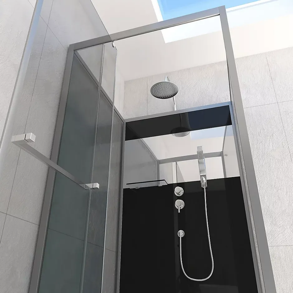 Aurlane Cabine de Douche Carrée 90x90cm Porte Pivotante - Fond Noir avec bande effet miroir - SQUARE STRIPE* Cabine De Douche