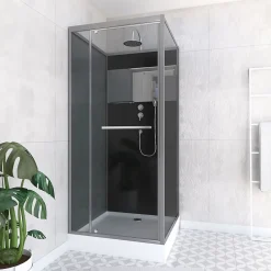 Aurlane Cabine de Douche Carrée 90x90cm Porte Pivotante - Fond Noir avec bande effet miroir - SQUARE STRIPE* Cabine De Douche