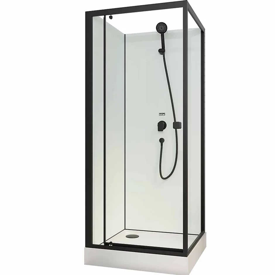 Aurlane Cabine de douche carrée 80x80x200 cm - Porte pivotante - Fonds Blancs & Profilés Noir Mat