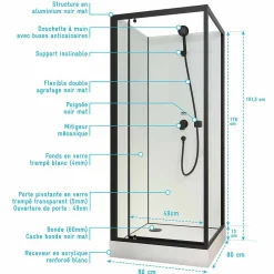 Aurlane Cabine de douche carrée 80x80x200 cm - Porte pivotante - Fonds Blancs & Profilés Noir Mat