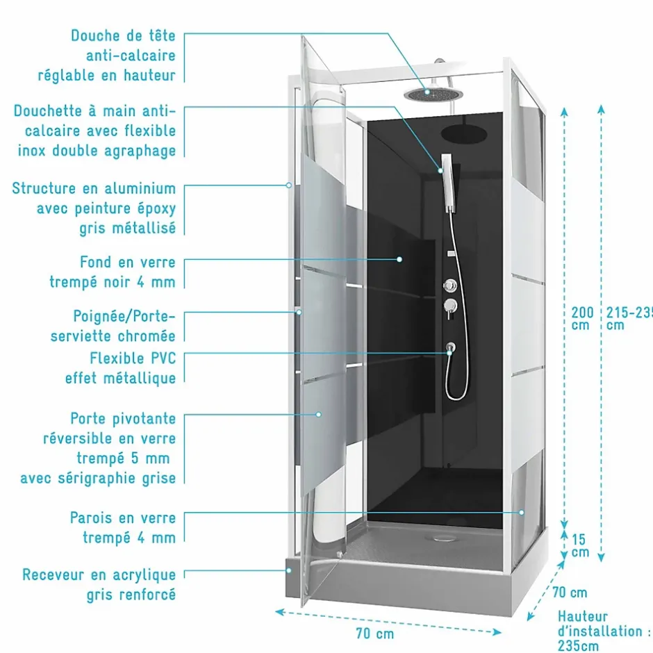 Aurlane Cabine de douche carrée 70x70x225cm - SCRATCHY 70