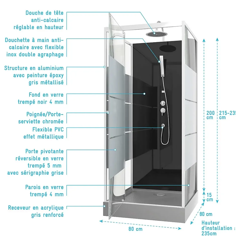 Aurlane Cabine de douche carrée 80x80x220cm - SCRATCHY 80
