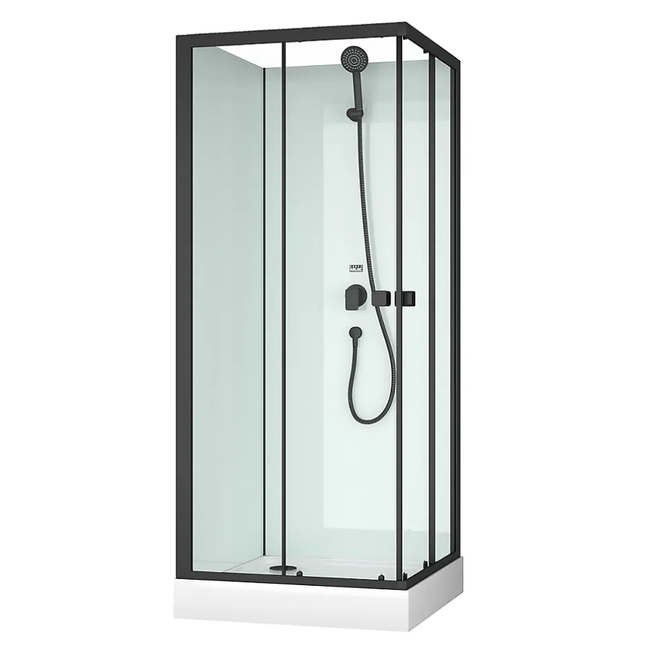 Aurlane Cabine de douche carrée 80x80x200 cm - Portes coulissantes - Fonds Blancs & Profilés Noir Mat