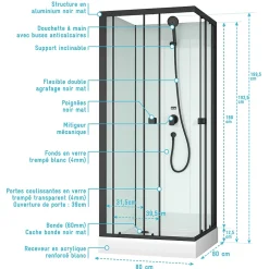 Aurlane Cabine de douche carrée 80x80x200 cm - Portes coulissantes - Fonds Blancs & Profilés Noir Mat