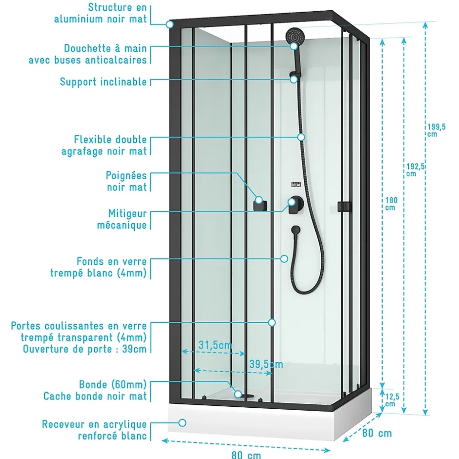 Aurlane Cabine de douche carrée 80x80x200 cm - Portes coulissantes - Fonds Blancs & Profilés Noir Mat