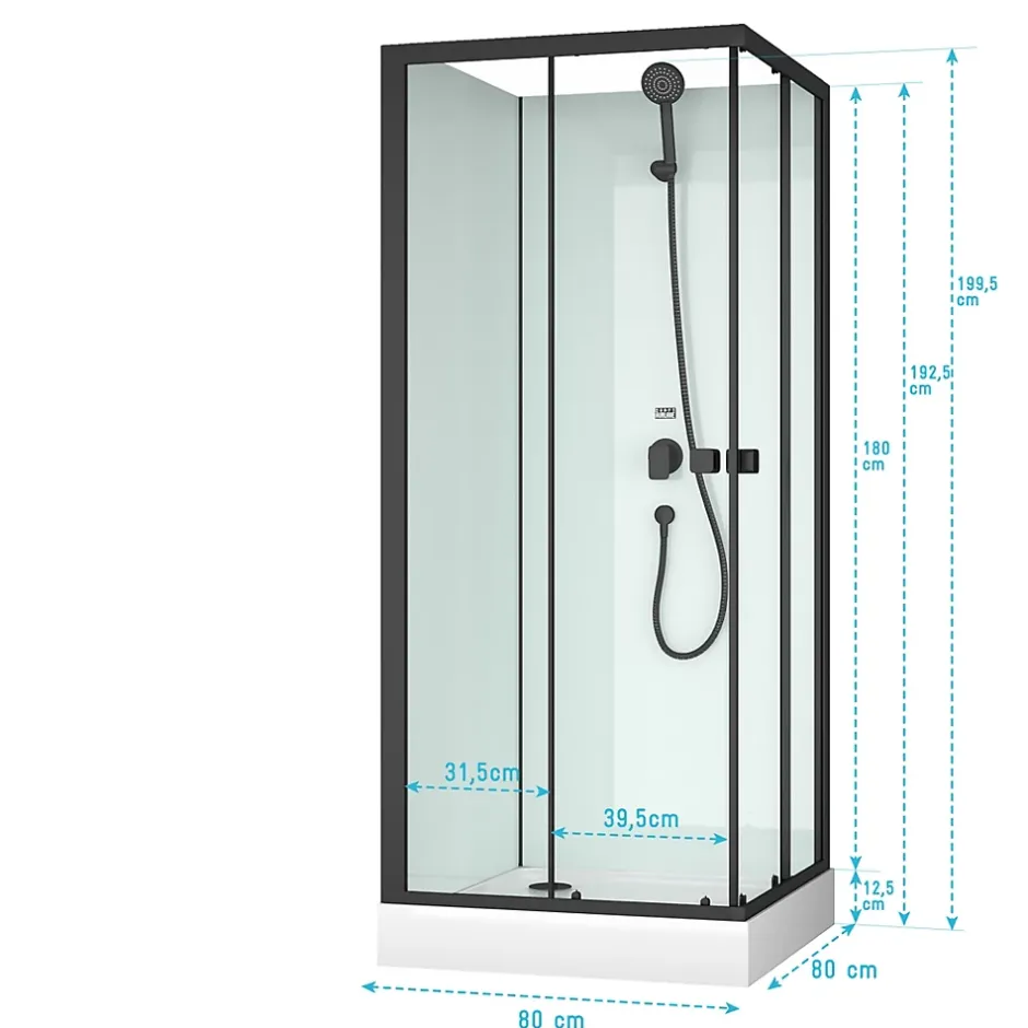 Aurlane Cabine de douche carrée 80x80x200 cm - Portes coulissantes - Fonds Blancs & Profilés Noir Mat