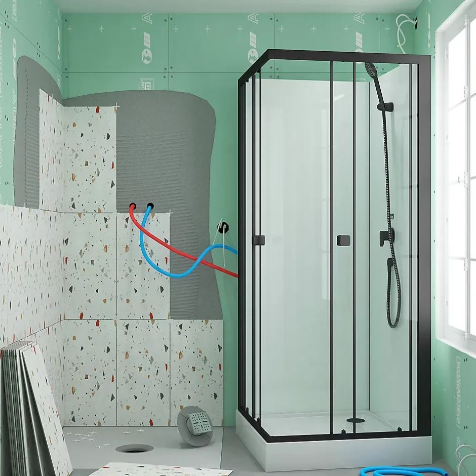 Aurlane Cabine de douche carrée 80x80x200 cm - Portes coulissantes - Fonds Blancs & Profilés Noir Mat