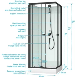 Aurlane Cabine de douche carrée 80x80x200 cm - Portes coulissantes - Fonds Blancs & Profilés Noir Mat