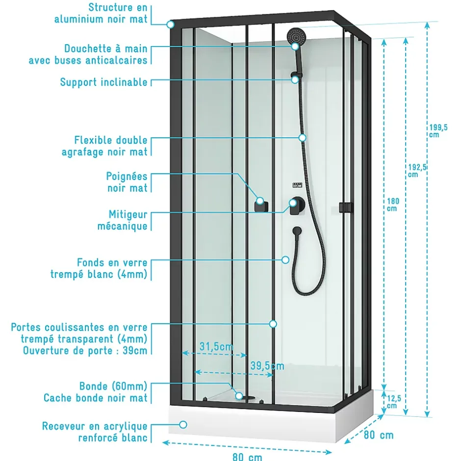 Aurlane Cabine de douche carrée 80x80x200 cm - Portes coulissantes - Fonds Blancs & Profilés Noir Mat