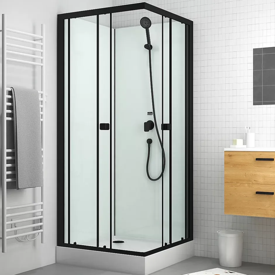 Aurlane Cabine de douche carrée 80x80x200 cm - Portes coulissantes - Fonds Blancs & Profilés Noir Mat