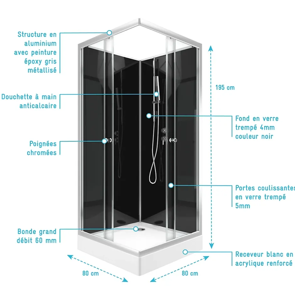 Aurlane Cabine de douche carrée 80x80x195 - Portes coulissantes en verre trempé 5mm - SQUARY BLACK 2* Cabine De Douche