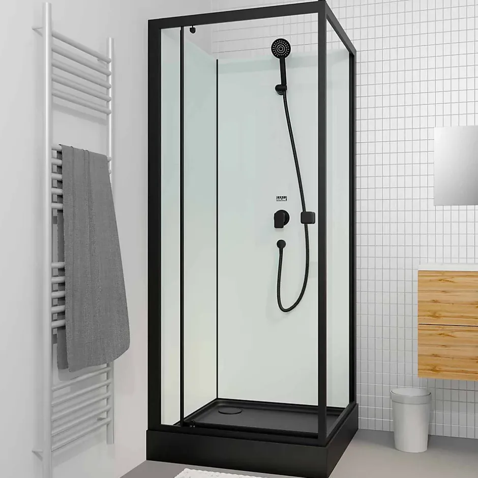 Aurlane Cabine de douche carrée 80x80x200cm - Porte pivotante - Fonds Blancs - Receveur et Profilés Noirs* Cabine De Douche