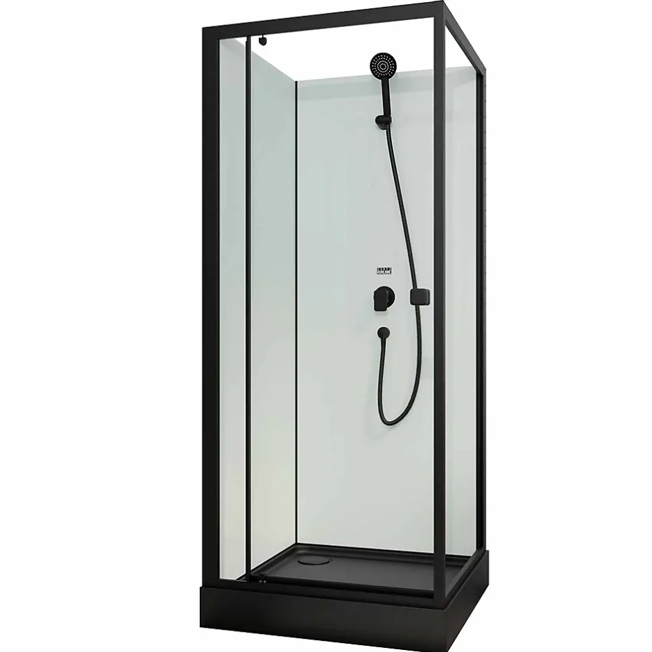 Aurlane Cabine de douche carrée 80x80x200cm - Porte pivotante - Fonds Blancs - Receveur et Profilés Noirs* Cabine De Douche