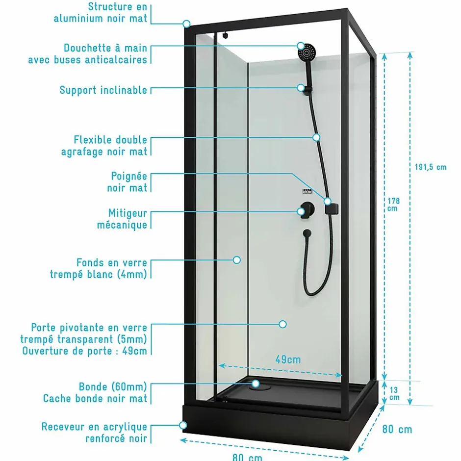 Aurlane Cabine de douche carrée 80x80x200cm - Porte pivotante - Fonds Blancs - Receveur et Profilés Noirs* Cabine De Douche