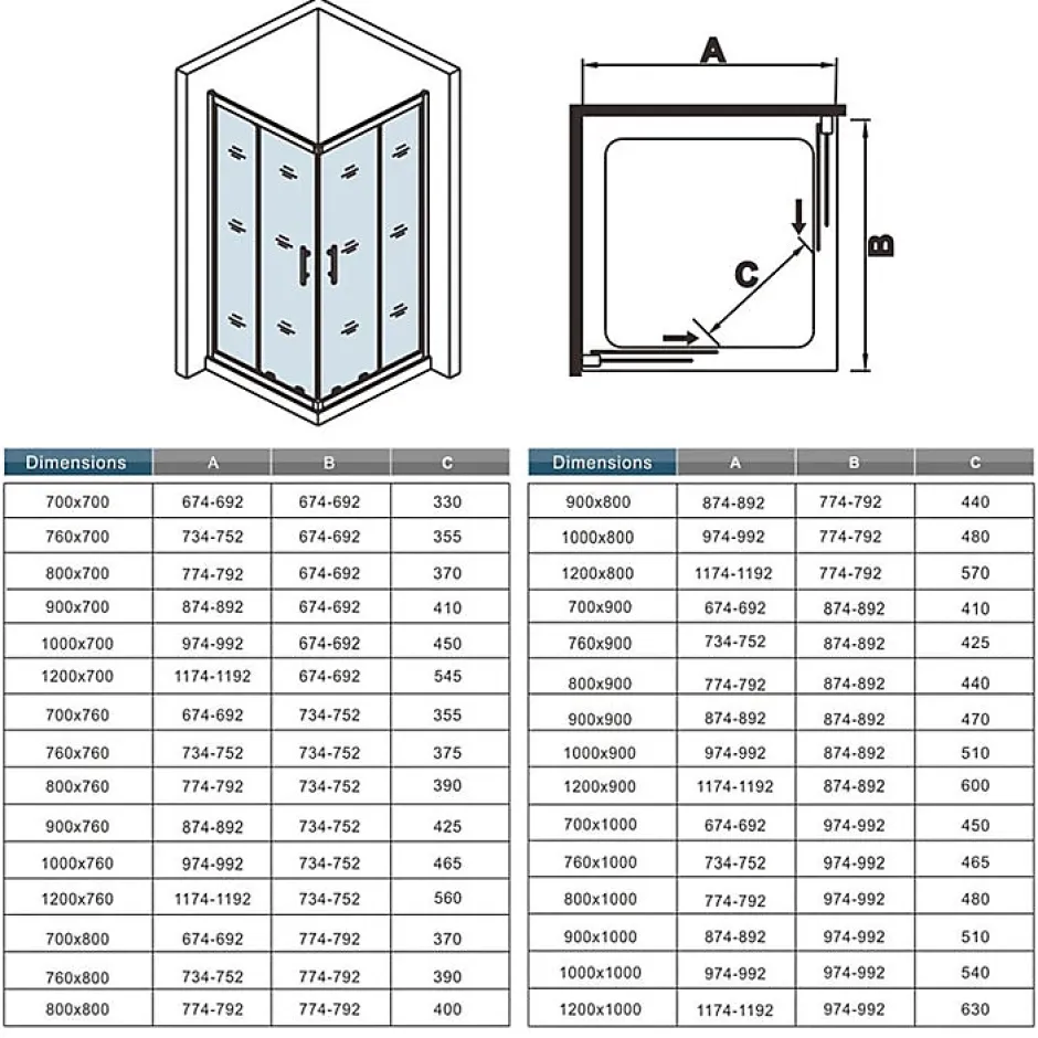 AICA Sanitaire Cabine de douche coulissante angle 100x90x185 cm - Verre sécurit 6 mm - Chrome