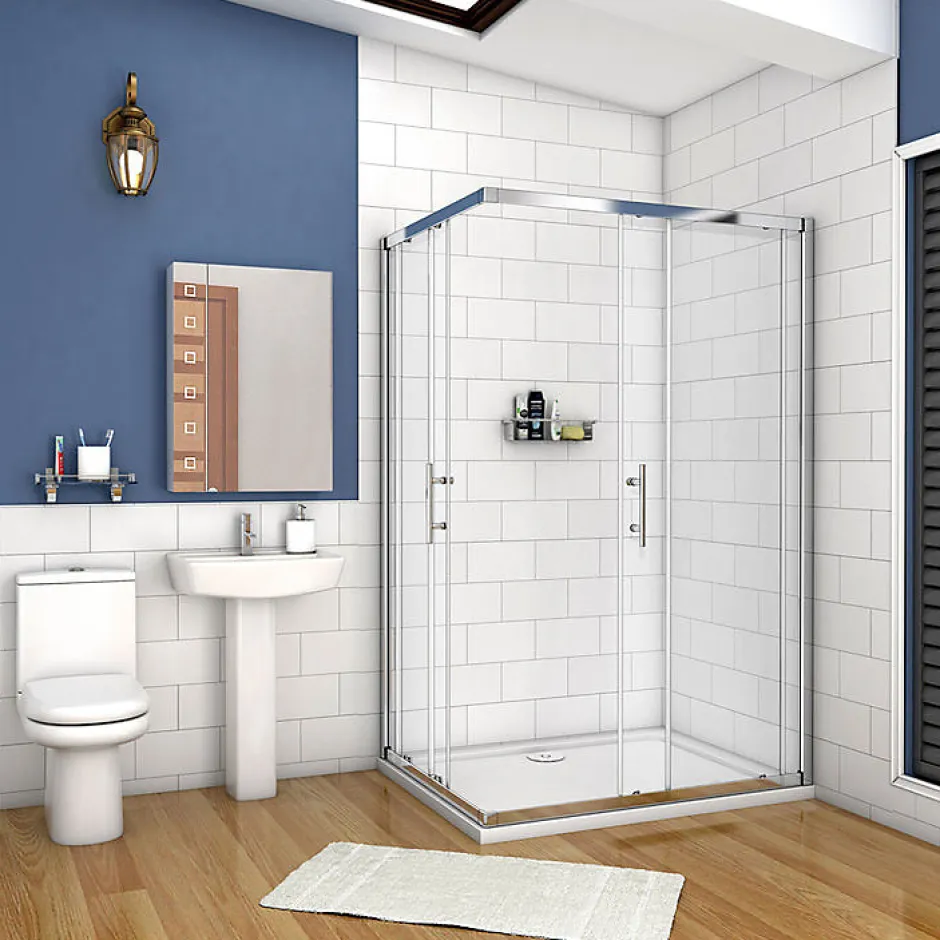 AICA Sanitaire Cabine de douche coulissante - Verre anticalcaire 6 mm - Accès par angle - Poignée en acier inox chromé - 100x90x195 cm