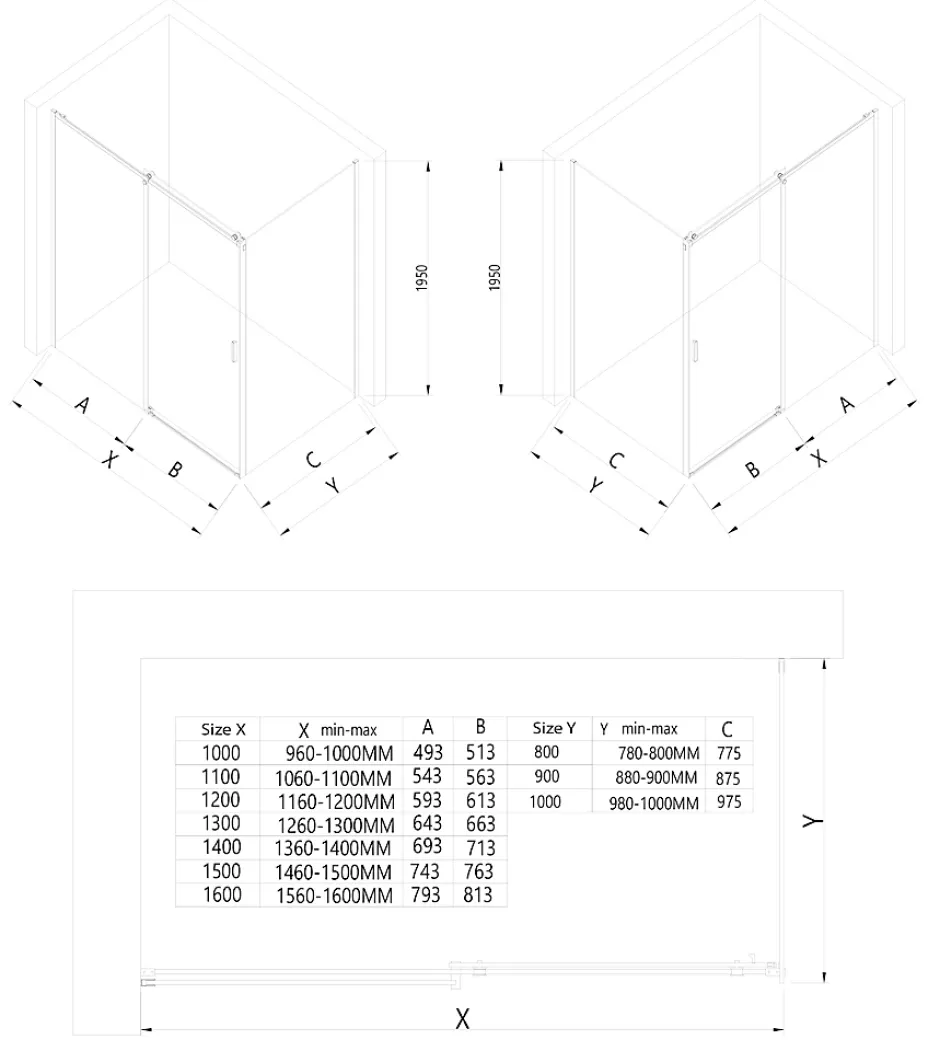 Bernstein Cabine de douche d'angle, verre clair 6mm, porte coulissante - NT806 FLEX 100x80x195cm* Paroi De Douche