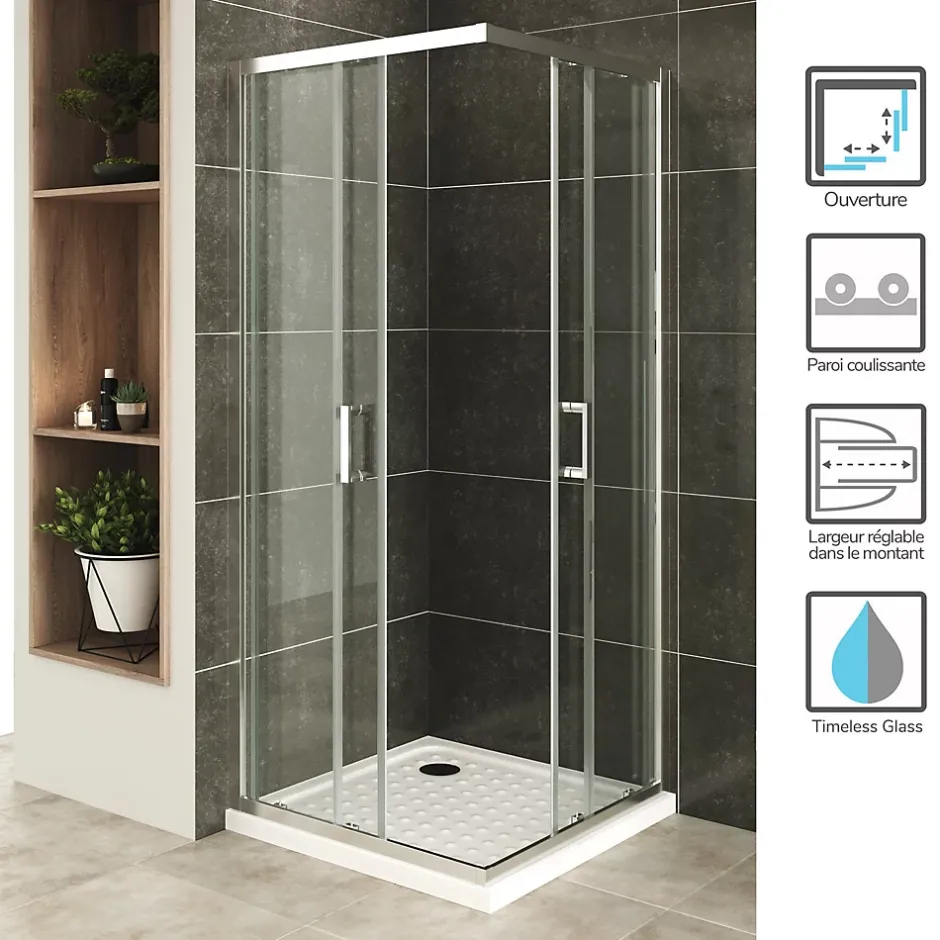 Saniverre Cabine De Douche H180 70x100cm - Verre Transparent Portes Coulissantes Lana+ (sans Receveur) -