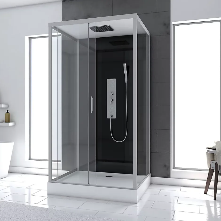 Aurlane Cabine de douche Hydromassante 110x80x215 cm - Fond Noir et Profilés Gris - BLACK STYLE