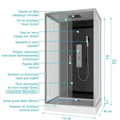 Aurlane Cabine de douche Hydromassante 110x80x215 cm - Fond Noir et Profilés Gris - BLACK STYLE
