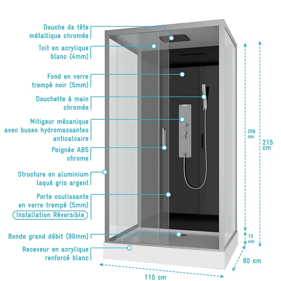 Aurlane Cabine de douche Hydromassante 110x80x215 cm - Fond Noir et Profilés Gris - BLACK STYLE