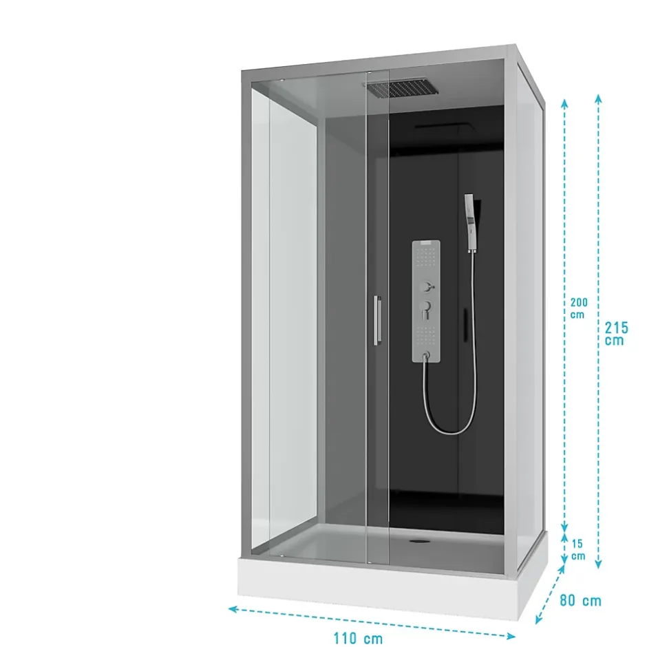 Aurlane Cabine de douche Hydromassante 110x80x215 cm - Fond Noir et Profilés Gris - BLACK STYLE