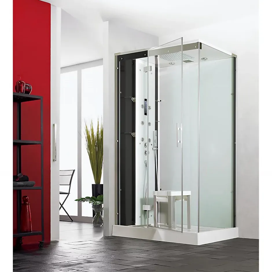 Kinedo Cabine de douche hydromassante et hammam HORIZON 120x120 hauteur receveur 12,5cm 1 porte pivotante finition perle noire