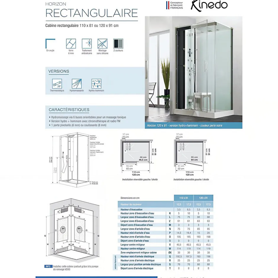 Kinedo Cabine de douche hydromassante et hammam HORIZON 120x120 hauteur receveur 12,5cm 1 porte pivotante finition perle noire