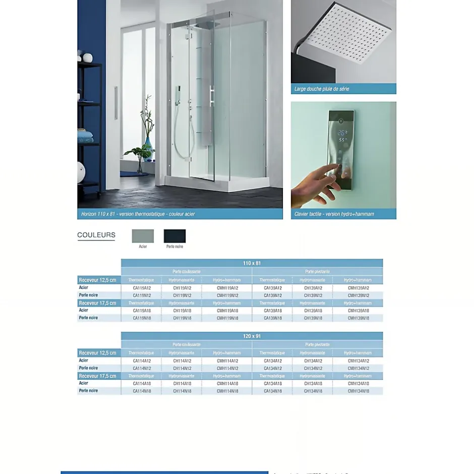 Kinedo Cabine de douche hydromassante et hammam HORIZON 120x120 hauteur receveur 12,5cm 1 porte pivotante finition perle noire
