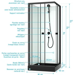 Aurlane Cabine de douche intégrale 80x80x200 cm carrée - Portes coulissantes - Receveur Noir Mat* Cabine De Douche