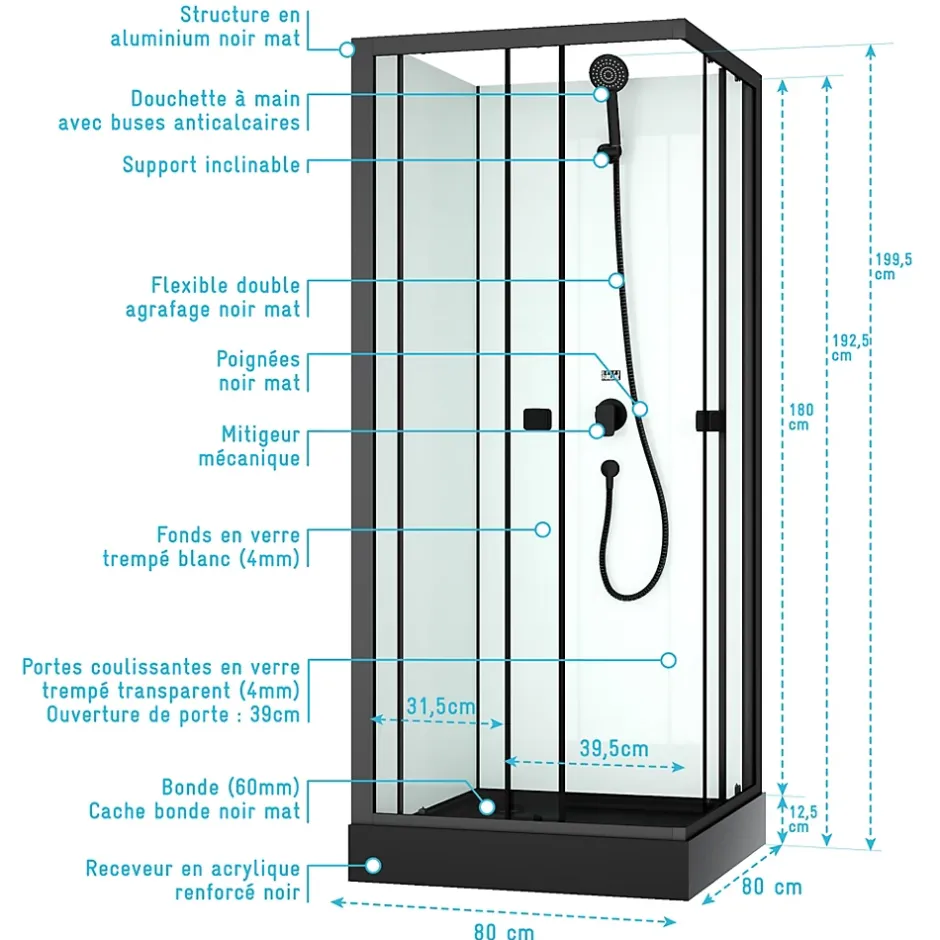 Aurlane Cabine de douche intégrale 80x80x200 cm carrée - Portes coulissantes - Receveur Noir Mat* Cabine De Douche