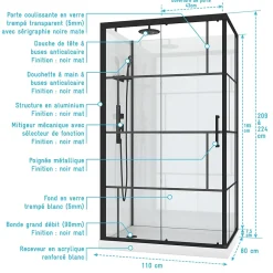 Galedo Cabine de douche l.80 x L.110 x H.210 cm – mitigeur mécanique, blanc et noir effet verrière, Graphic* Cabine De Douche