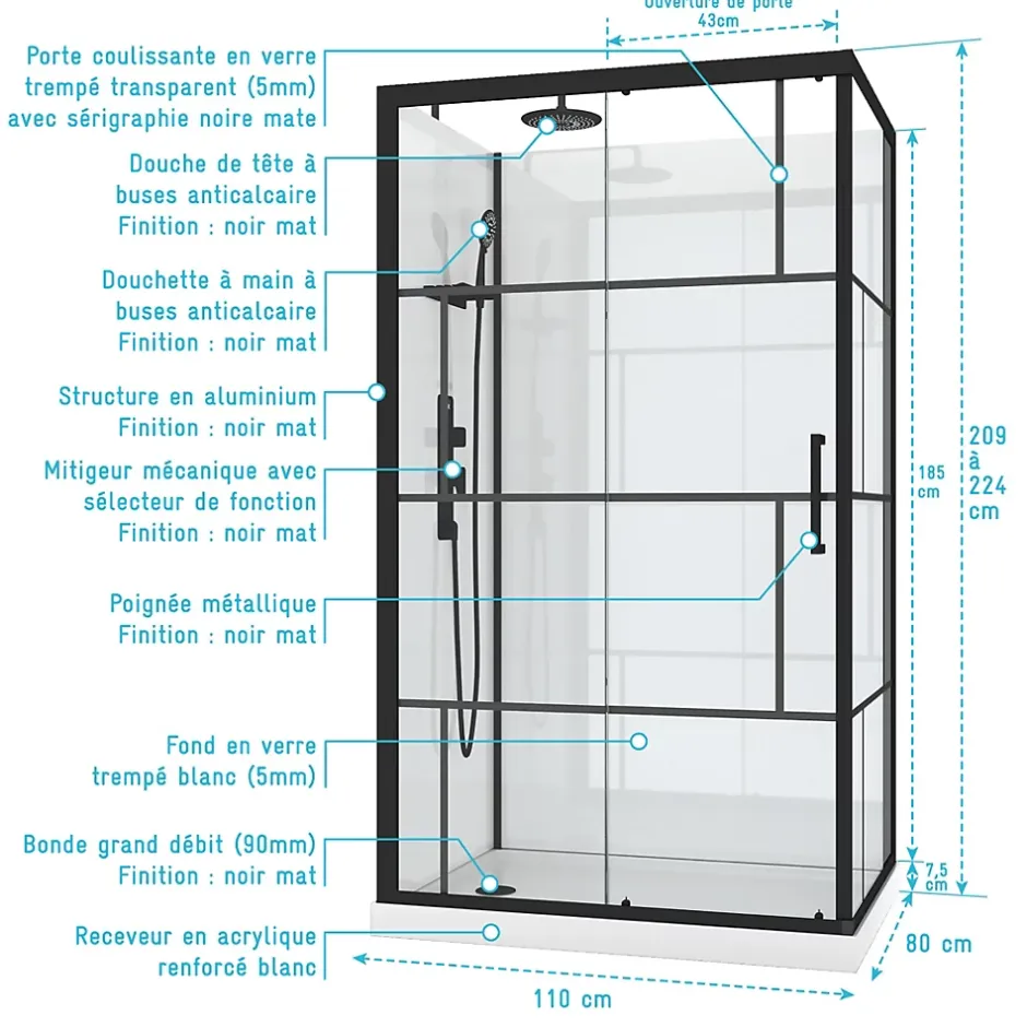 Galedo Cabine de douche l.80 x L.110 x H.210 cm – mitigeur mécanique, blanc et noir effet verrière, Graphic* Cabine De Douche