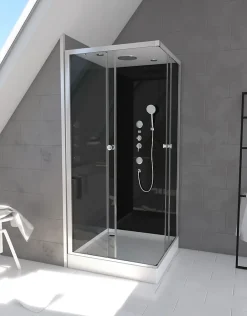 Galedo Cabine de douche l.90 x L.90 x H.215 cm – hydromassante, fond noir verre trempé, profilés chromés, tablette, Black 2