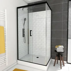 Cabine de douche L.80 x L.110 x H.230 cm – fond effet métro, douchette anticalcaire, style noir & blanc, Galedo Metro* Cabine De Douche